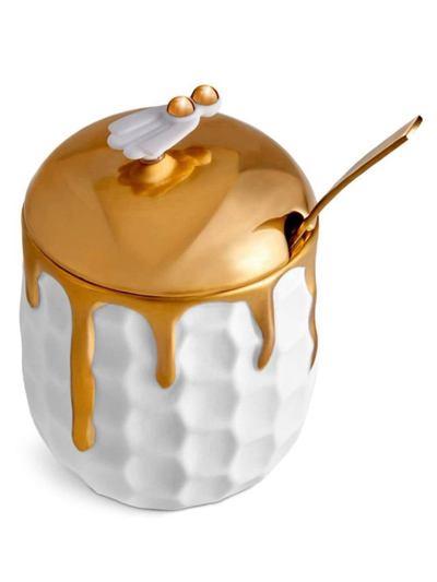 L'objet Beehive Porcelain And 24ct Gold-plated Honeypot With Spoon 13cm In White