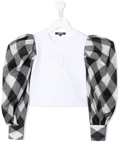 Balmain Teen Checked Puff Sleeves Blouse In White