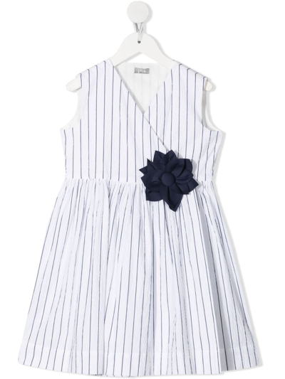 Il Gufo Kids' Pinstriped Flower Detail Dress In White