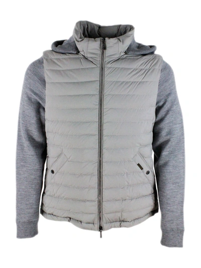 Moorer Light Bomber Jacket In Real Goose Down And Knitted Parts In Cashmere Blend With Zip. Matte Color In Grey