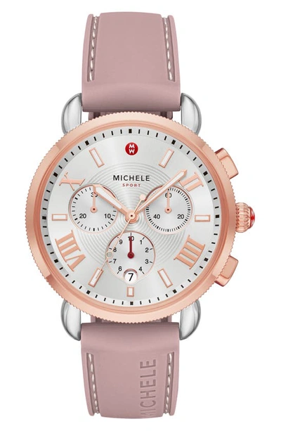 Michele Sporty Sport Sail Chronograph Watch Head With Silicone Strap, 38mm In Silver/pink