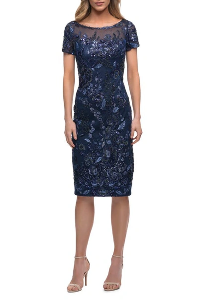 La Femme Beaded Floral Bateau-neck Cocktail Dress In Navy