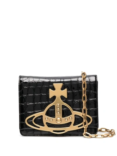 Vivienne Westwood Archive Orb Croc-embossed Leather Cross-body Bag In Black/brass