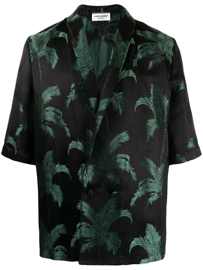 Saint Laurent Palm Jacquard Satin Short Sleeve Double Breasted Shirt In Green