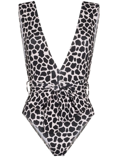 Alexandra Miro Ally Plunge Belted One Piece Swimsuit In Black Giraffe