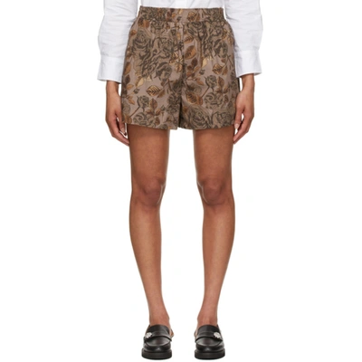 Ganni Floral Print Organic Cotton Poplin Shorts In Fossil