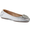 Tory Burch Minnie Metallic Leather Travel Ballet Flats In Silver