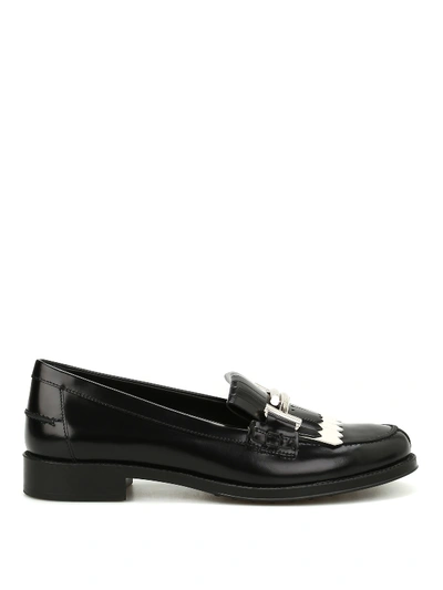 Tod's Black-white Leather Loafer With Fringes