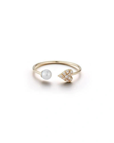 Mizuki 14k Pearl And Diamond Heart Cuff Ring In Yellow Gold