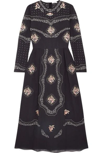 Vilshenko Sofia Embroidered Cotton-voile Midi Dress In Black