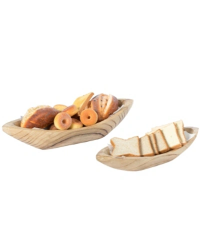 Vintiquewise Wood Carved Boat Shaped Bowl Basket Rustic Display Tray, Set Of 2 In White