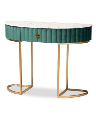 Baxton Studio Beale Luxe And Glam Velvet Upholstered 1-drawer Console Table With Faux Marble Tabletop In Green