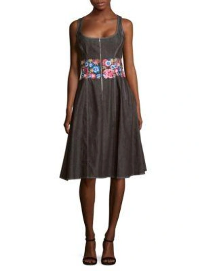 Oscar De La Renta Floral Embroidery Knee-length Dress In Black