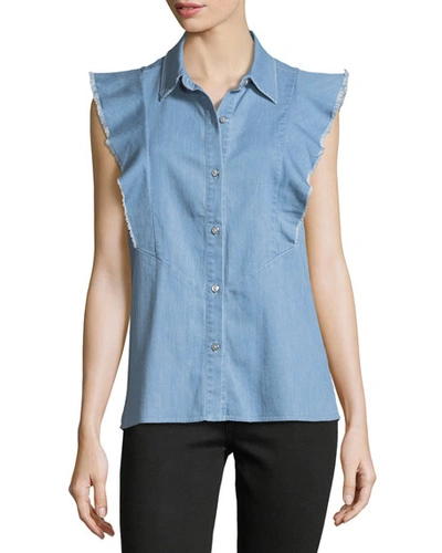 7 For All Mankind Sleeveless Ruffled Button-front Denim Shirt