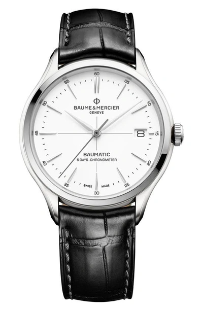 Baume & Mercier M0a10518 Clifton Stainless-steel And Leather Automatic Watch In White/black