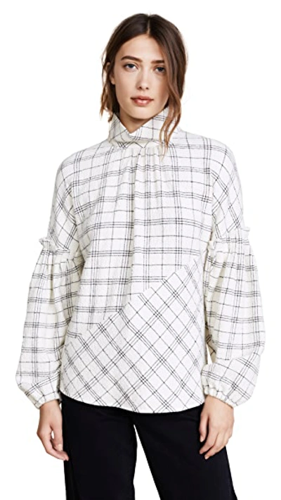 Tibi Mock-neck Pouf-sleeve Check Wool-blend Top In Ivory/ Black Multi