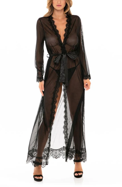 Oh La La Cheri Women's Eyelash Lace Floor Length Underwear Dressing Gown With Satin Sash Underwear In Black