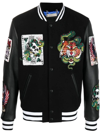 Philipp Plein Patch-detailing Leather Bomber Jacket In Black