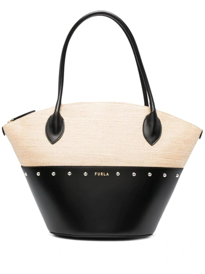Furla Straw-panel Leather Tote Bag In Beige