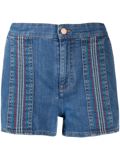 See By Chloé Signature Rainbow-stitch Denim Shorts In Blue