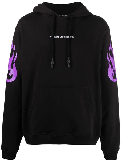 Vision Of Super Fire Purple Embroidered-logo Hoodie In Black
