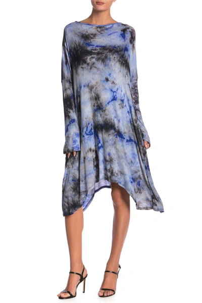 Go Couture Long Sleeve Oversized Sharkbite Dress In Blue Greyish Tie Dye Print