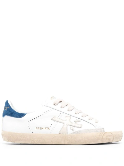Premiata Steven Sneakers In Leather With Contrasting Heel Tab In White