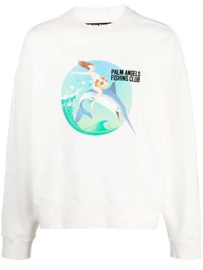 Palm Angels Mens White Fishing Club Graphic-print Cotton-jersey Sweatshirt L