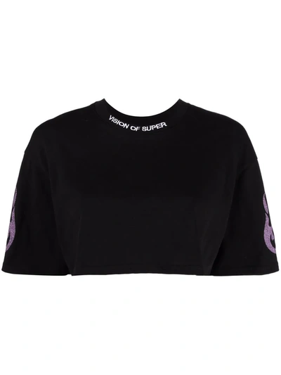 Vision Of Super Black Cropped Woman T-shirt With Glitter Purple Flame