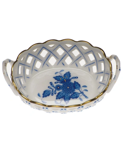 Herend Chinese Bouquet Blue Small Openwork Basket With Handles
