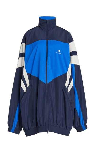 Balenciaga Logo-embroidered Longline Panelled-shell Jacket In Blue |  ModeSens
