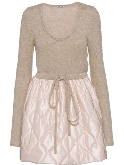 Miu Miu Scoop-neck Mohair-blend Dress W/ Quilted Nylon Skirt In Neutral