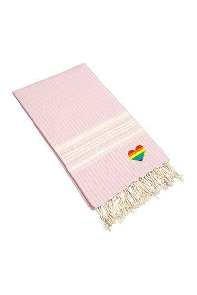 Linum Home 100% Turkish Cotton Luxe Herringbone Cheerful Rainbow Heart Pestemal Beach Towel In Powder Pink