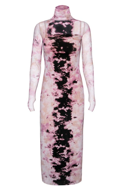 Afrm Shailene Sheer Long Sleeve Dress In Placement Mauve Tie Dye