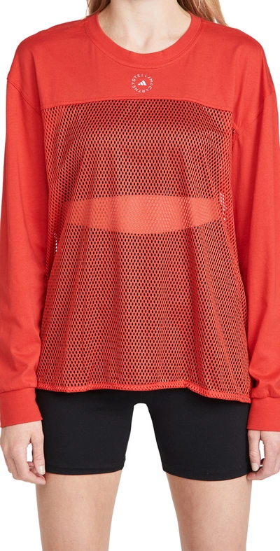 Adidas By Stella Mccartney Long Sleeve Mesh Panel Top In Red