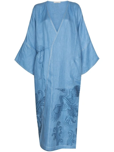 Vita Kin Dancing Heron Embroidered Kimono Dress In Blue