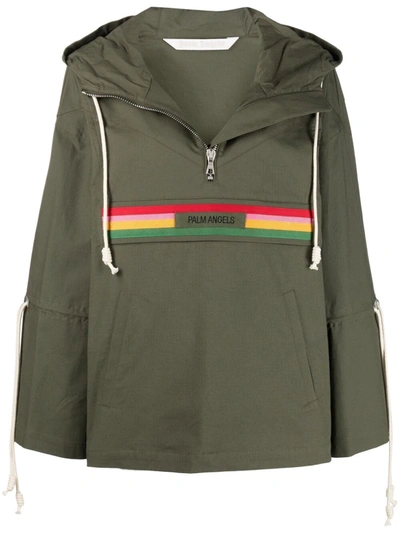 Palm Angels Striped Band Hooded Jacket In Green