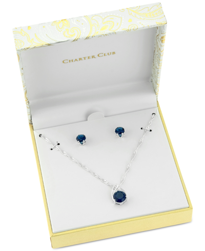 Charter Club Crystal Pendant Necklace And Earrings Set In 18k Rose Gold Plate, Gold Plate Or Fine Silver Plate, C In Blue