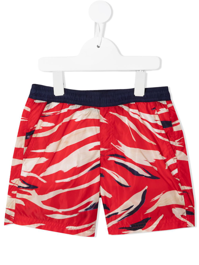 Moncler Kids' Tiger Stripe-print Swim Shorts In Red