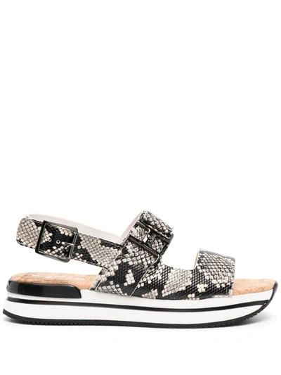 Hogan H222 Phyton Print Leather Sandals In Roccia Color In Grau
