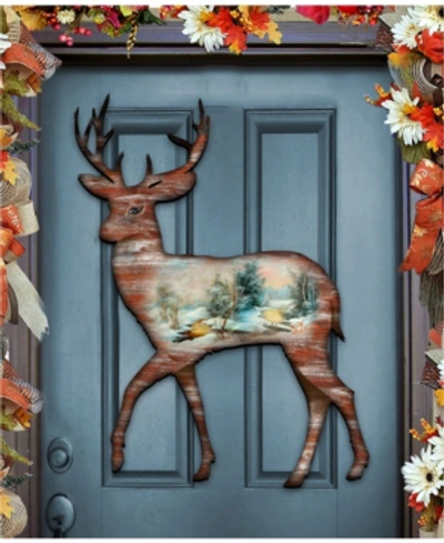 Designocracy Christmas Woodsy Deer Scenic Wooden Decorative Door Hanger In Multi