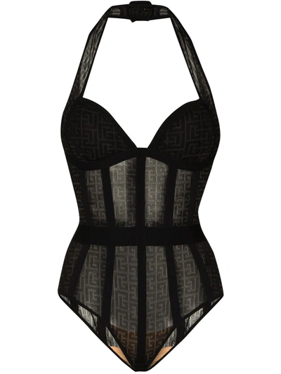 Balmain Monogram Panelled Halterneck Bodysuit In Black