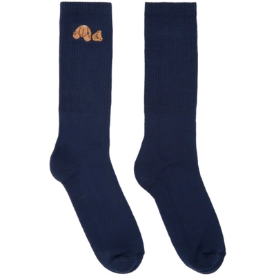 Palm Angels Iconic Bear Logo Socks, Navy And Brown In Navy Brown