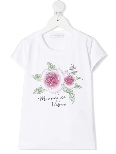 Monnalisa Kids' Floral-print Cotton T-shirt In White