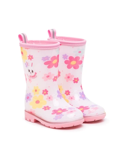 Miki House Floral-print Wellie Boots In 粉色