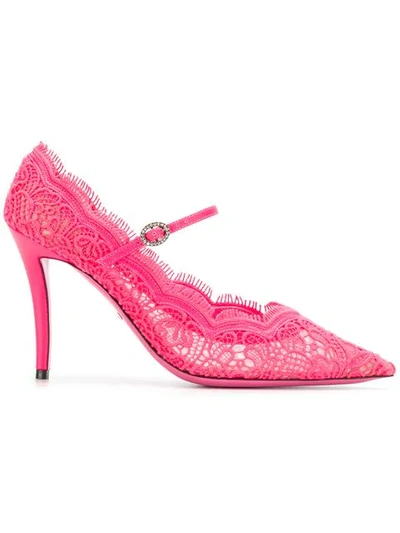 Gucci Virginia Crystal-embellished Corded Lace Mary Jane Pumps In Fuchsia