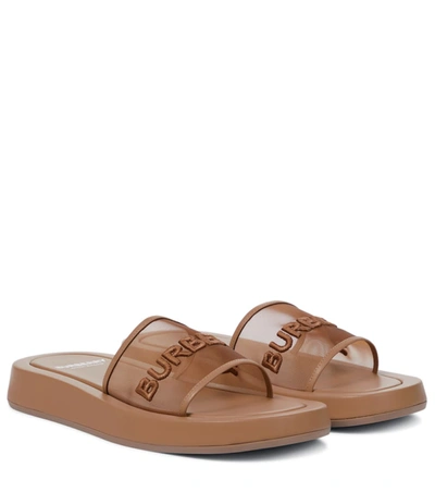 Burberry Embroidered Logo Mesh And Leather Slides In Brown