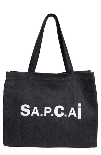 A.p.c. X Sacai Candy Logo Reversible Denim Tote In Dark Navy