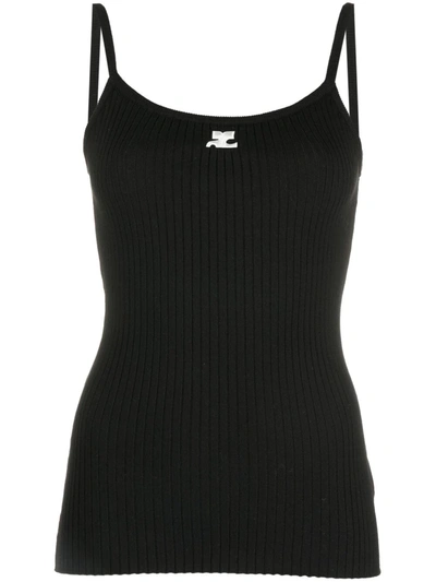 Courrèges Logo-patch Cotton-blend Knit Top In Black