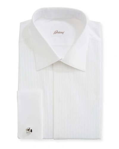 Brioni White Slim-fit Bib-front Double-cuff Cotton-voile Shirt